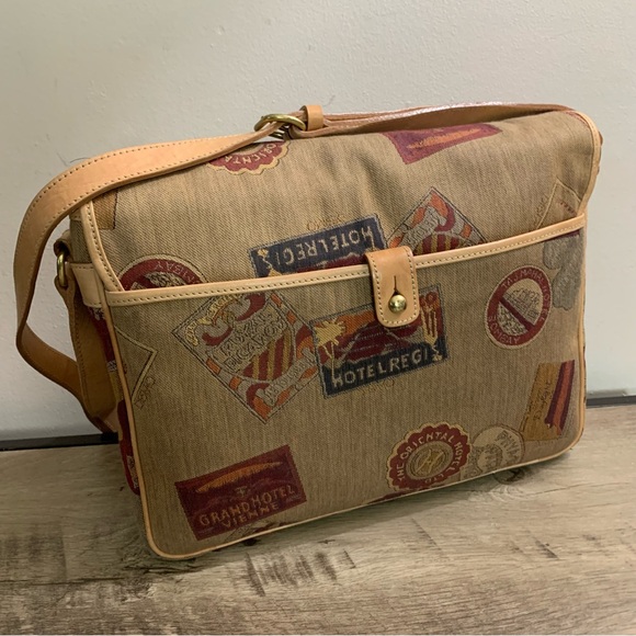 Vintage DESMO Beige JACQUARD LEATHER Travel Icons MESSENGER Tapestry PURSE BAG - Picture 3 of 6